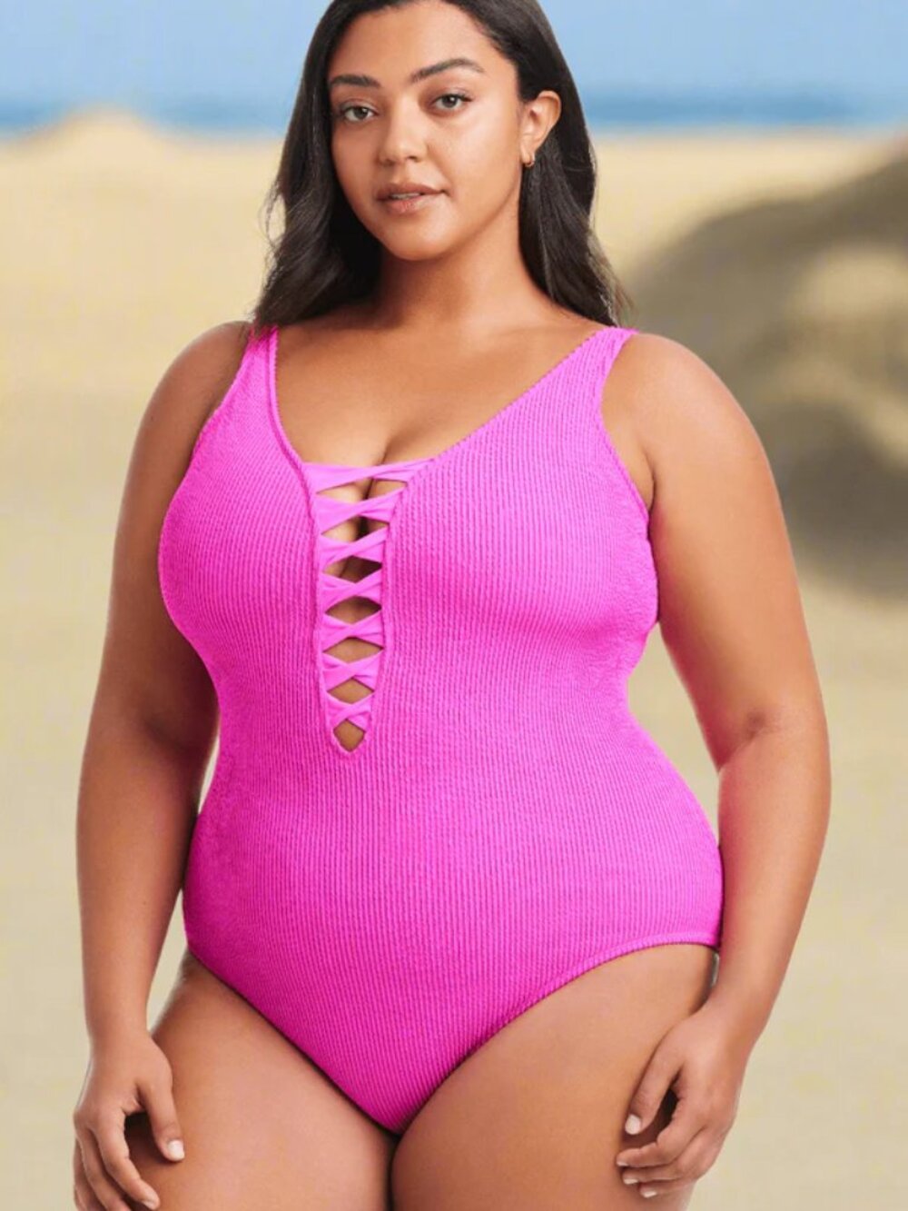 Bleu Rod Beattie Lace-Down One-Piece Pink Textured Swimsuit - New! Size 18W